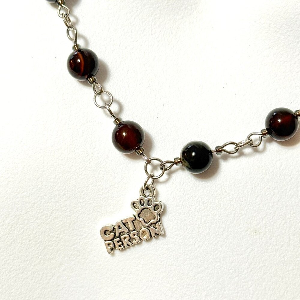 Genuine Dark Brown Agate Necklace, Natural Gemstone & Cat Person Paw Print Charm